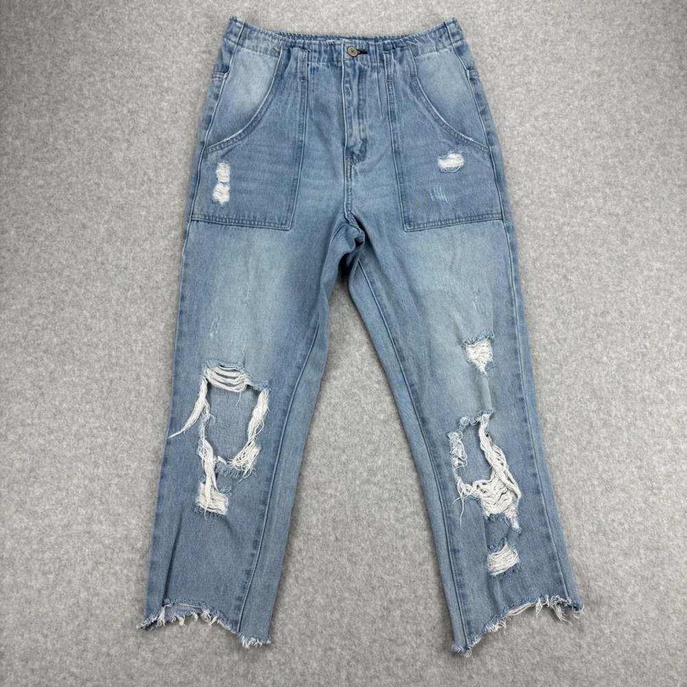 Vervet Jeans Women 26 Blue Belted High Rise Mom Jean Distressed Raw Hem Rigid